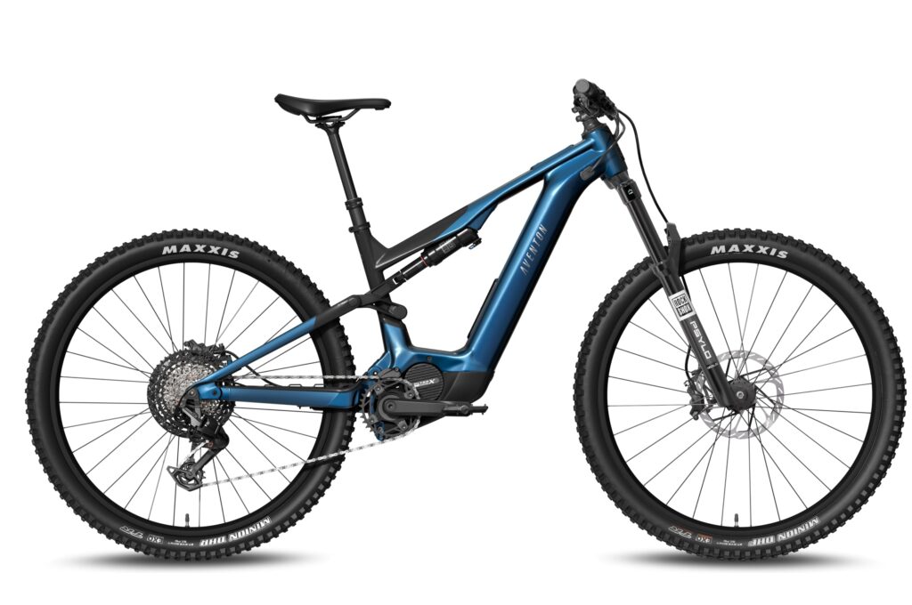 Side view of a metallic blue Aventon Current ADV full-suspension electric mountain bike with a RockShox fork, Maxxis knobby tires and a mid-mounted Ultro X motor on a white background