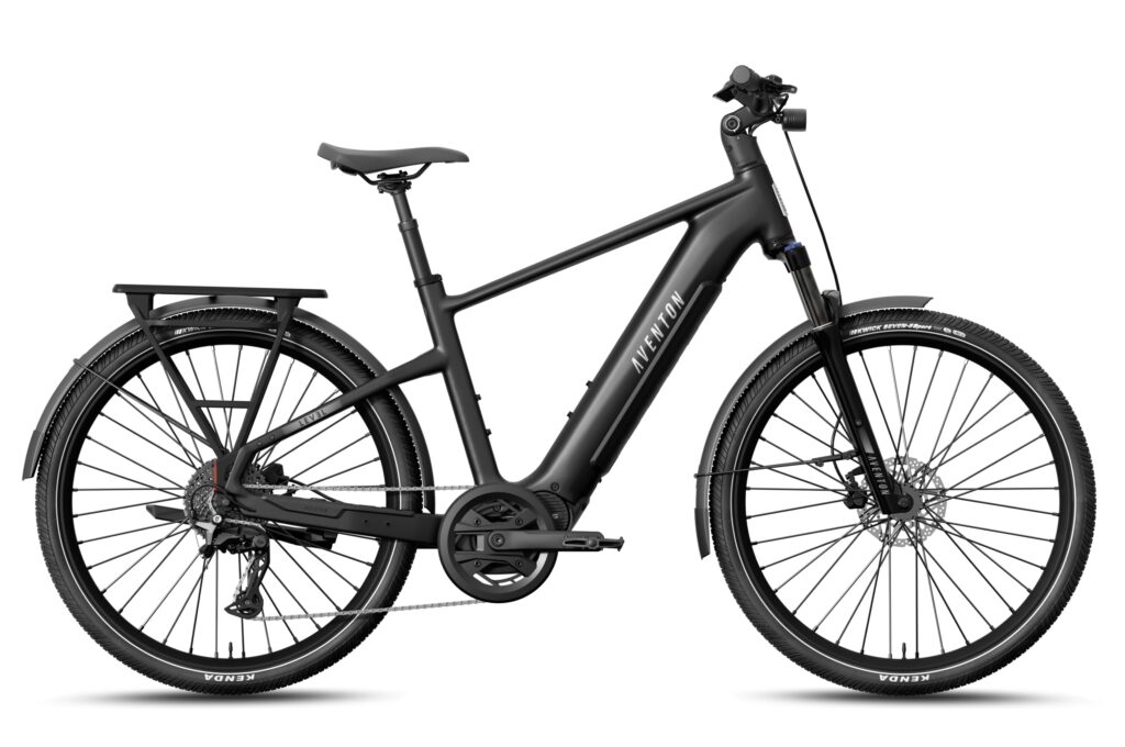 Side view of a matte black Aventon Level 4 ADV high-step mid-drive e-bike with rear rack, fenders, front suspension fork and 27.5-inch tires on a white background.