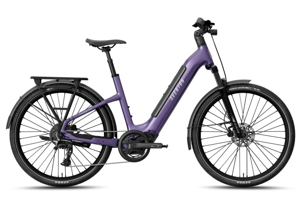 Side view of a purple Aventon Level 4 ADV step-through e-bike with a low entry frame, rear rack, fenders, suspension fork and mid-drive motor on a white background.