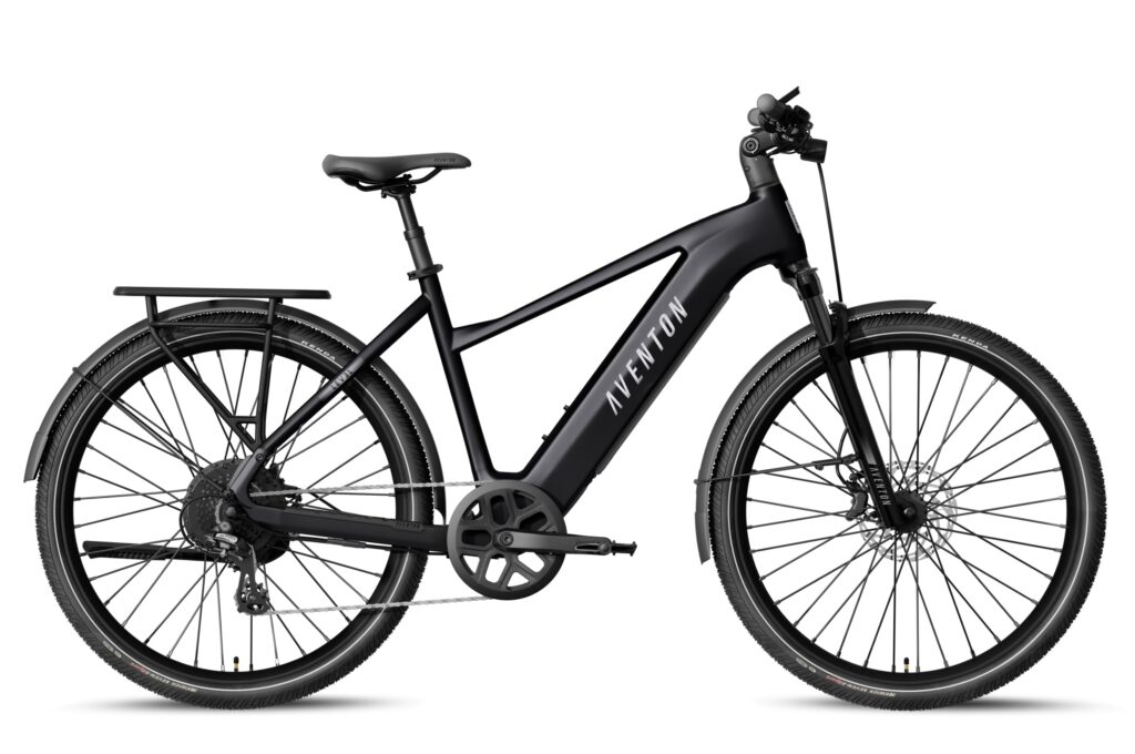 Side view of a matte black Aventon Level 4 REC high-step commuter e-bike with rear rack, fenders, front suspension fork and 27.5-inch tires on a white background.