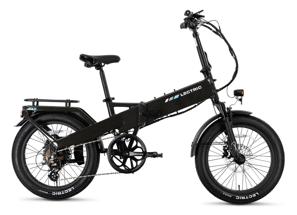 Side view of a dark Lectric XP4 folding e-bike with a rear rack, fenders, wide 20-inch tires and a mid-frame fold hinge, on a plain background